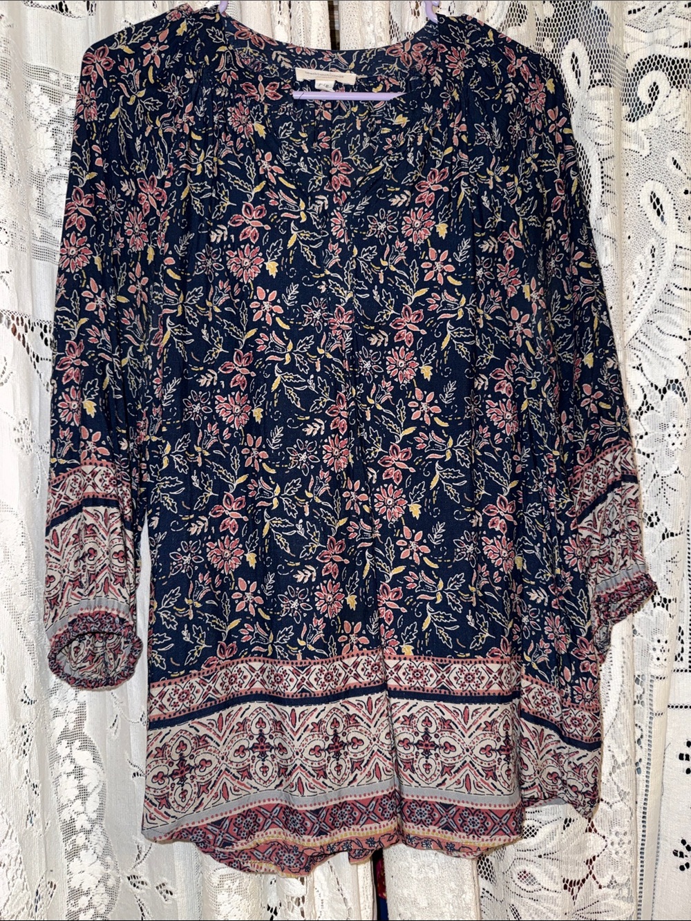 beachlunchlounge Navy Floral Boho Blouse with Pink and Yellow Accents